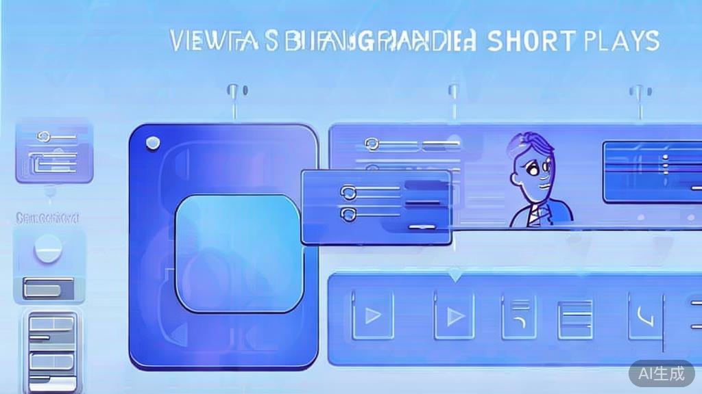 Flat vector illustration of viewer engagement with AI-generated short plays, dashboard style, soft blue gradient