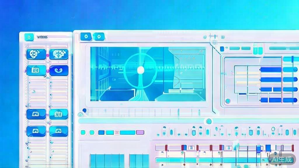 Flat vector illustration of AI video editing, dashboard style, soft blue gradient