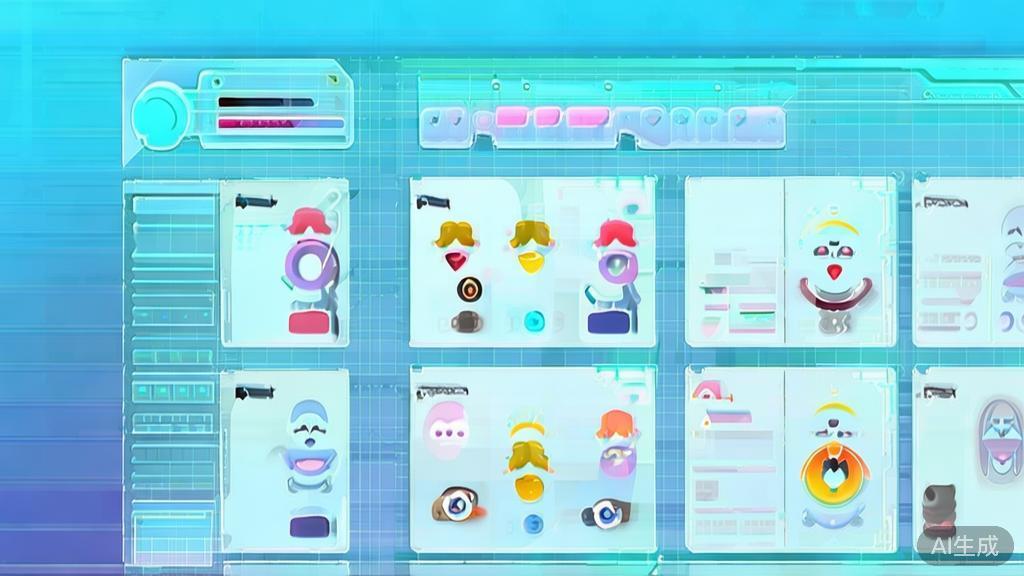 Flat vector illustration of emotional AI characters, dashboard style, soft blue gradient