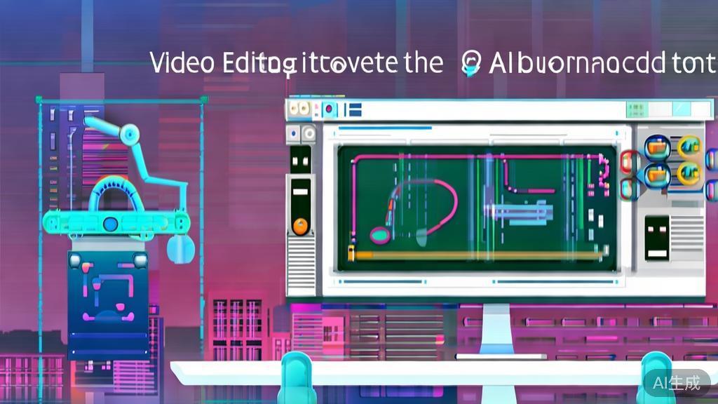 High-quality business illustration regarding video editing, showcasing AI features like automated text generation and music selection.