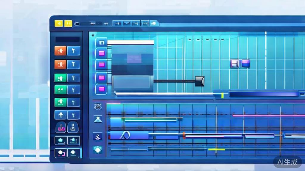 Flat vector illustration of video editing interface, dashboard style, soft blue gradient
