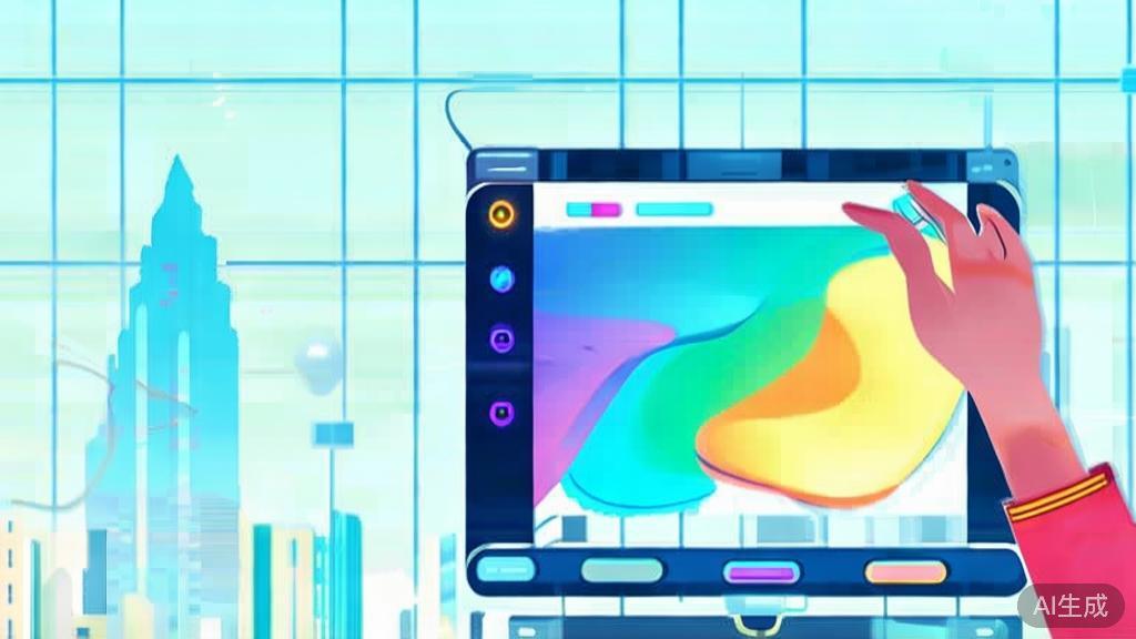 "Flat vector illustration of a user creating art with AI tools, dashboard style, soft blue gradient"