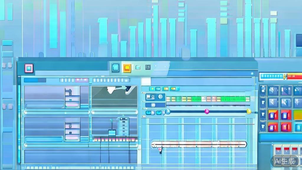 Flat vector illustration of video editing process, dashboard style, soft blue gradient