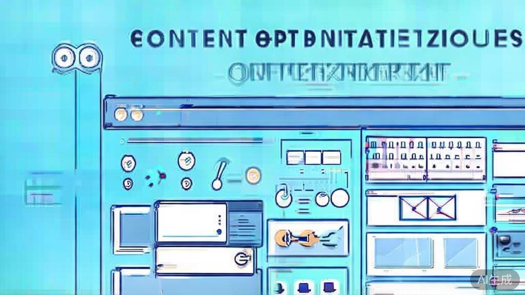 "Flat vector illustration of content optimization techniques, dashboard style, soft blue gradient"