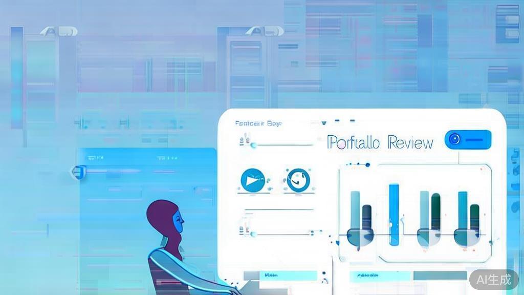 "Flat vector illustration of a person receiving feedback on their portfolio, dashboard style, soft blue gradient"