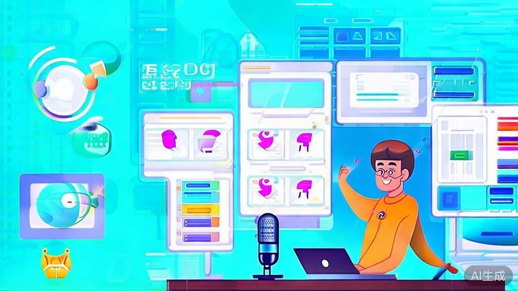 Flat vector illustration of personal vlogger creating engaging content, dashboard style, soft blue gradient