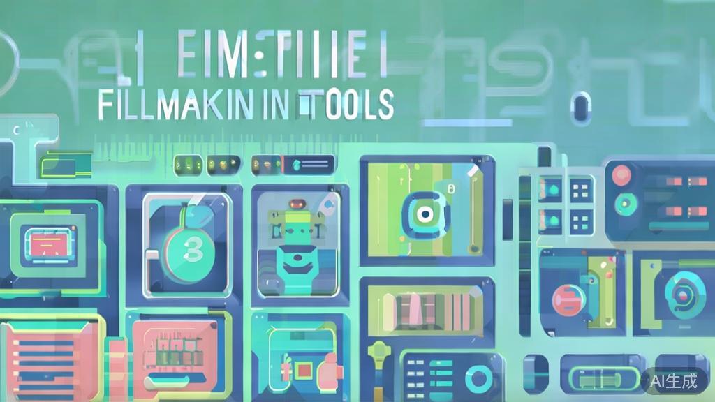 "Flat vector illustration of various AI tools for filmmaking, dashboard style, soft blue gradient"