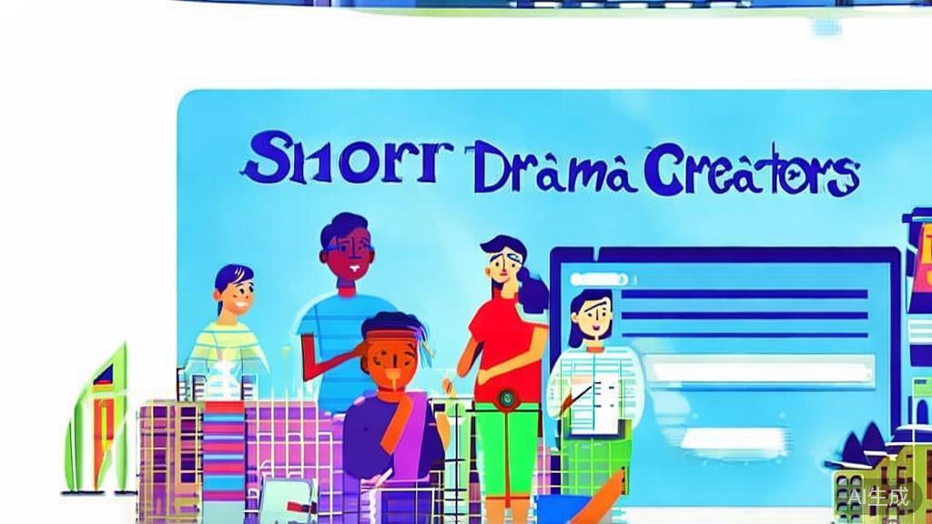 "Flat vector illustration of a diverse group of short drama creators collaborating, dashboard style, soft blue gradient"