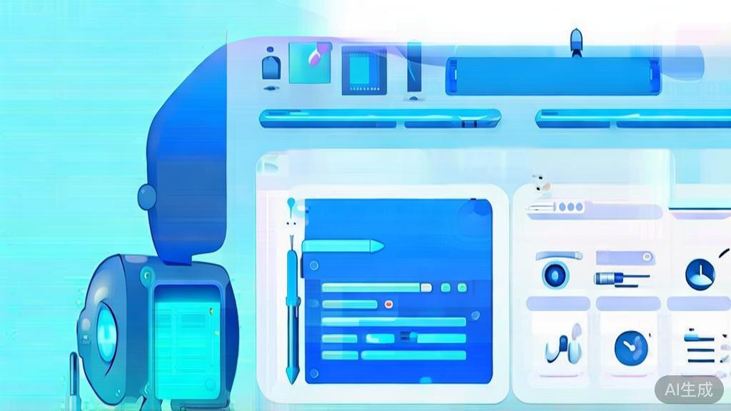 Flat vector illustration of AI in content creation, dashboard style, soft blue gradient