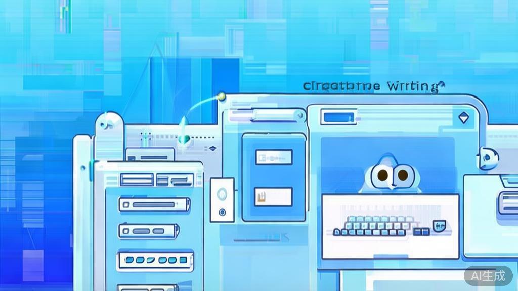 Flat vector illustration of AI in creative writing, dashboard style, soft blue gradient