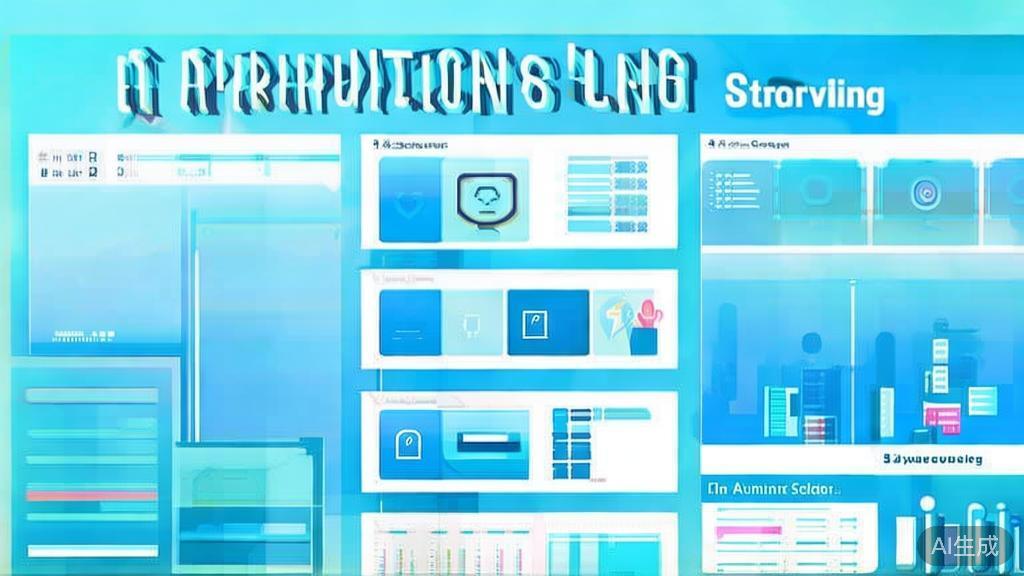Flat vector illustration of diverse applications of AI in storytelling, dashboard style, soft blue gradient