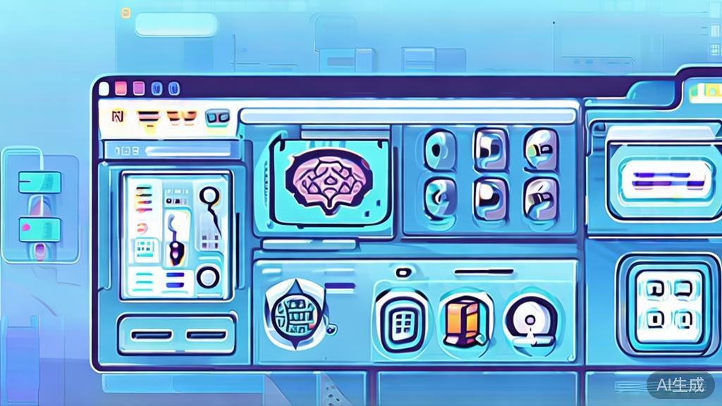 "Flat vector illustration of futuristic AI tools in creative processes, dashboard style, soft blue gradient"