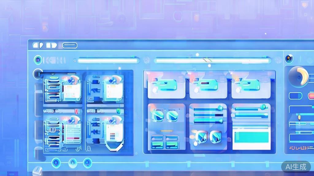 Flat vector illustration of AI video editing tools, dashboard style, soft blue gradient