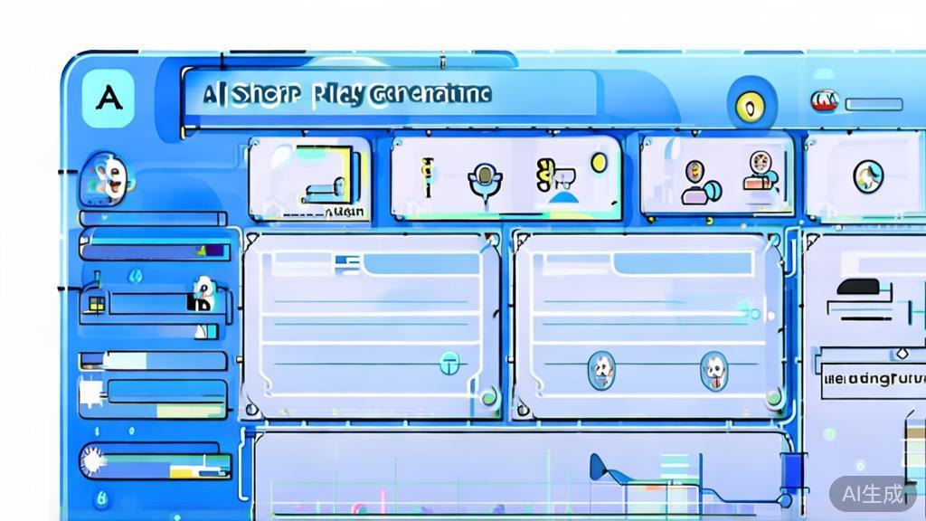 Flat vector illustration of AI short play generation process, dashboard style, soft blue gradient
