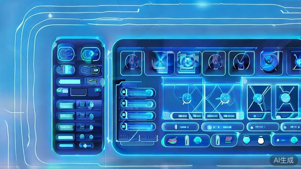 Flat vector illustration of future technology in content creation, dashboard style, soft blue gradient