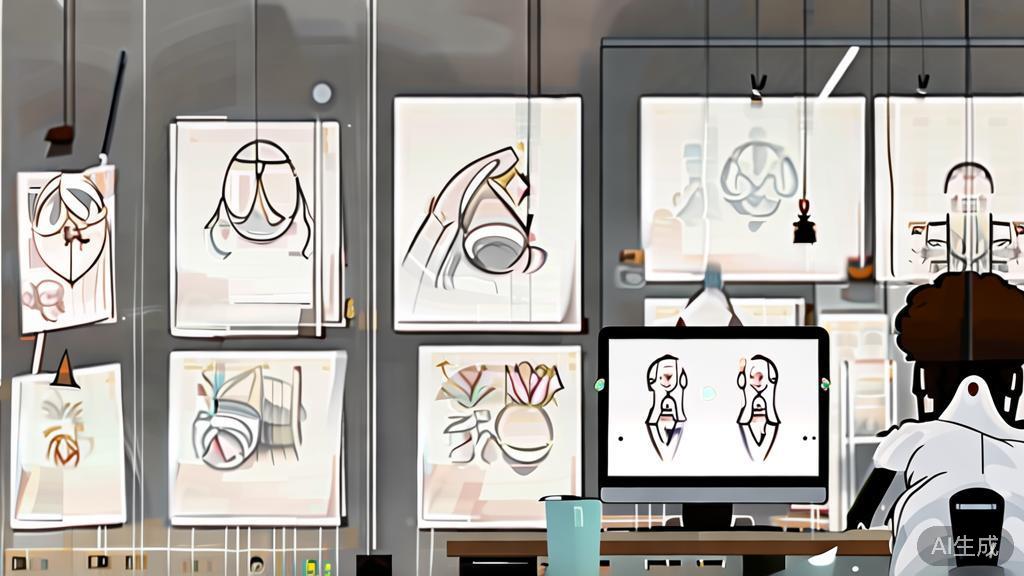 High-quality business illustration of an illustrator at work, surrounded by sketches and a computer, minimal flat design