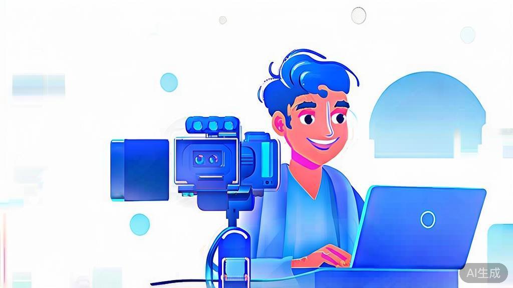 Flat vector illustration of a young video creator in front of a camera, editing on a laptop, soft blue gradient