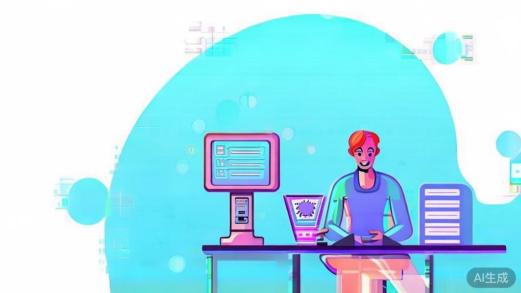 "Flat vector illustration of a futuristic writing process, with AI assisting a scriptwriter, soft blue gradient"