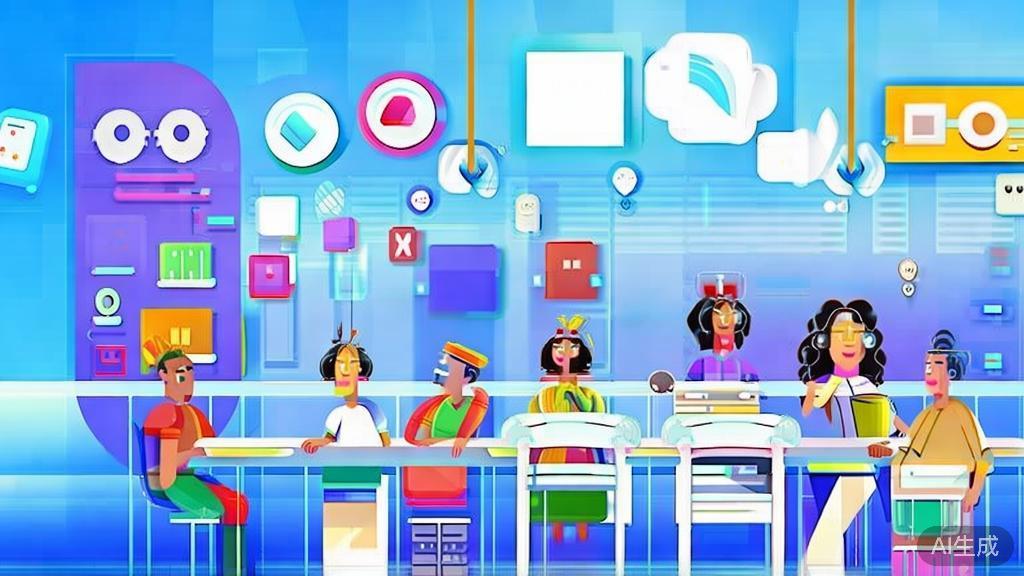 Flat vector illustration of a creative community sharing ideas, dashboard style, soft blue gradient