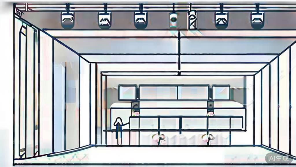 "High-quality business illustration of short play scene design with camera angles and layout, minimal flat design"