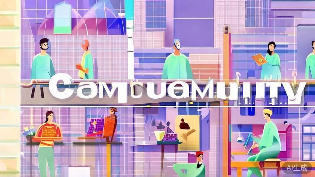 "Flat vector illustration of a creative community, engaging with each other, soft color palette"