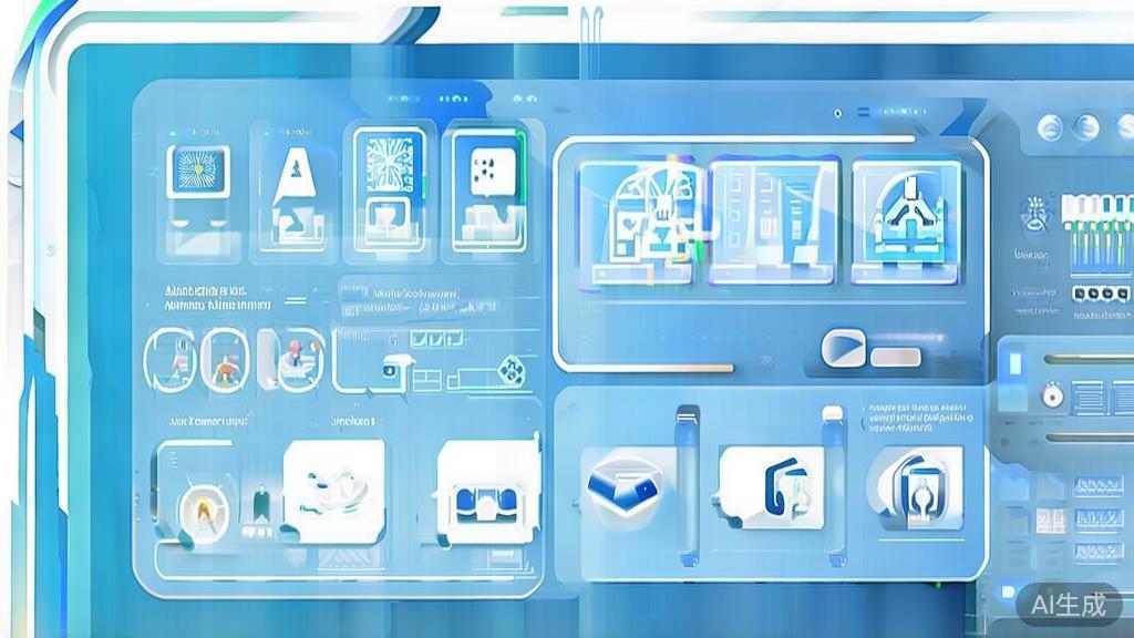 "Flat vector illustration of future trends in media production with AI, dashboard style, soft blue gradient"