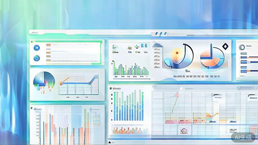 Flat vector illustration of data visualization tools, dashboard style, soft blue gradient