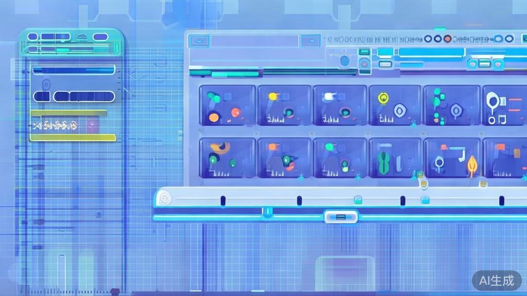 Flat vector illustration of AI video editing tools, dashboard style, soft blue gradient