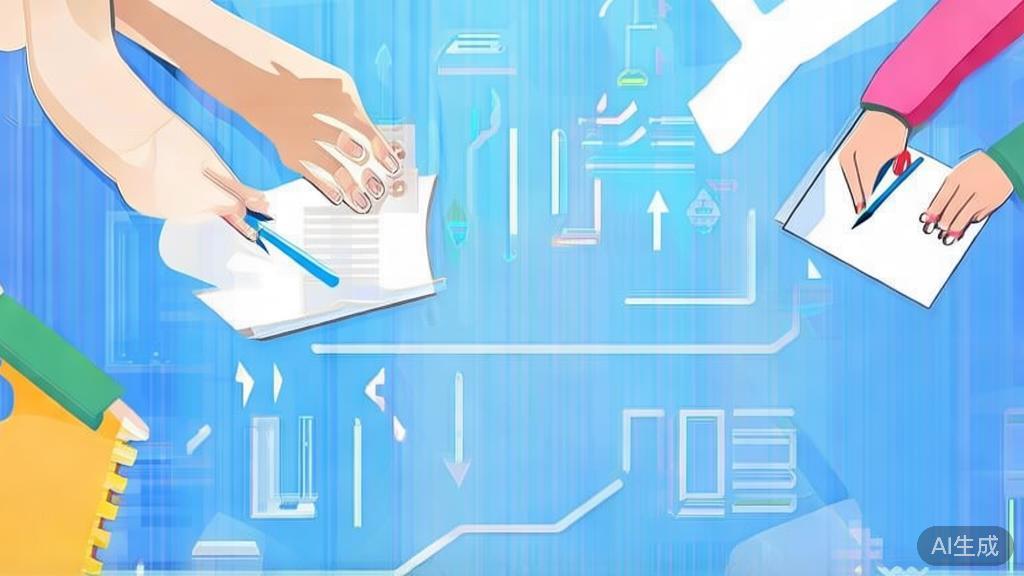 "Flat vector illustration of team collaboration in writing, dashboard style, soft blue gradient"