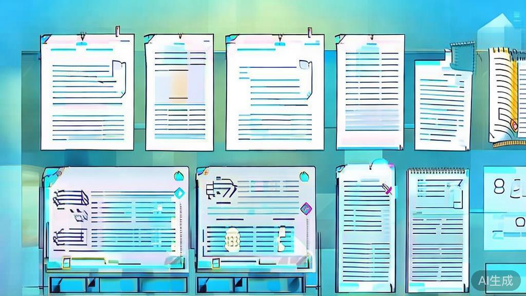 "Flat vector illustration of writing templates and formatting features, dashboard style, soft blue gradient"