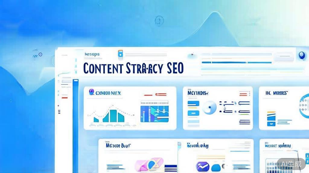 "Flat vector illustration of content strategy for SEO, dashboard style, soft blue gradient"
