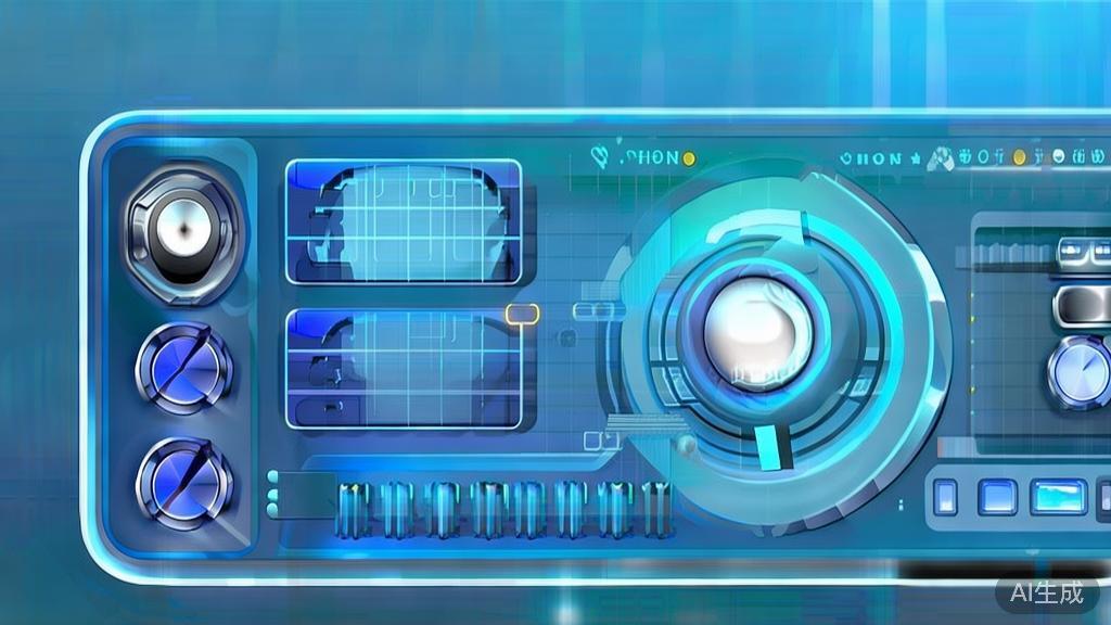 Flat vector illustration of AI music generator, dashboard style, soft blue gradient