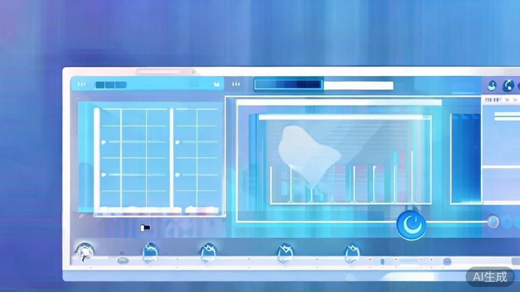 "Flat vector illustration of automated video editing, dashboard style, soft blue gradient"