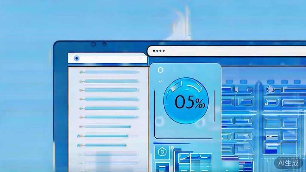 Flat vector illustration of a computer screen showing downloading progress, dashboard style, soft blue gradient