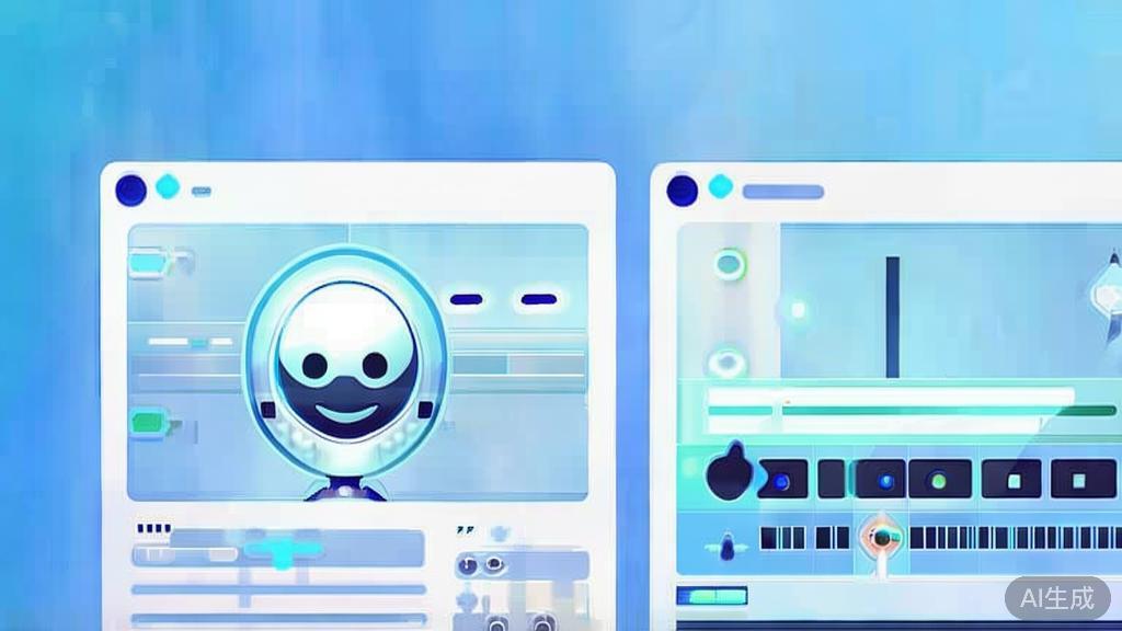 Flat vector illustration of AI assisting in video editing, dashboard style, soft blue gradient