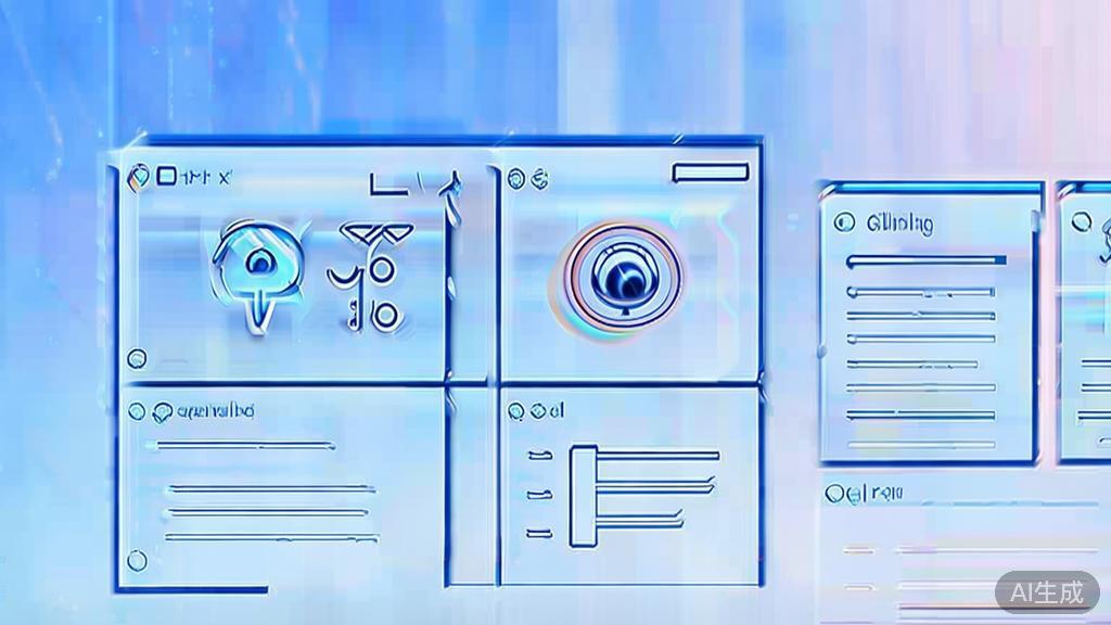Flat vector illustration of AI tools in content creation, dashboard style, soft blue gradient