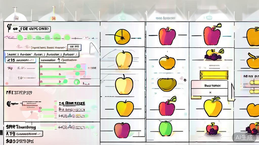 "High-quality business illustration showing a comparison of fruits based on calories and nutrients, minimal flat design"