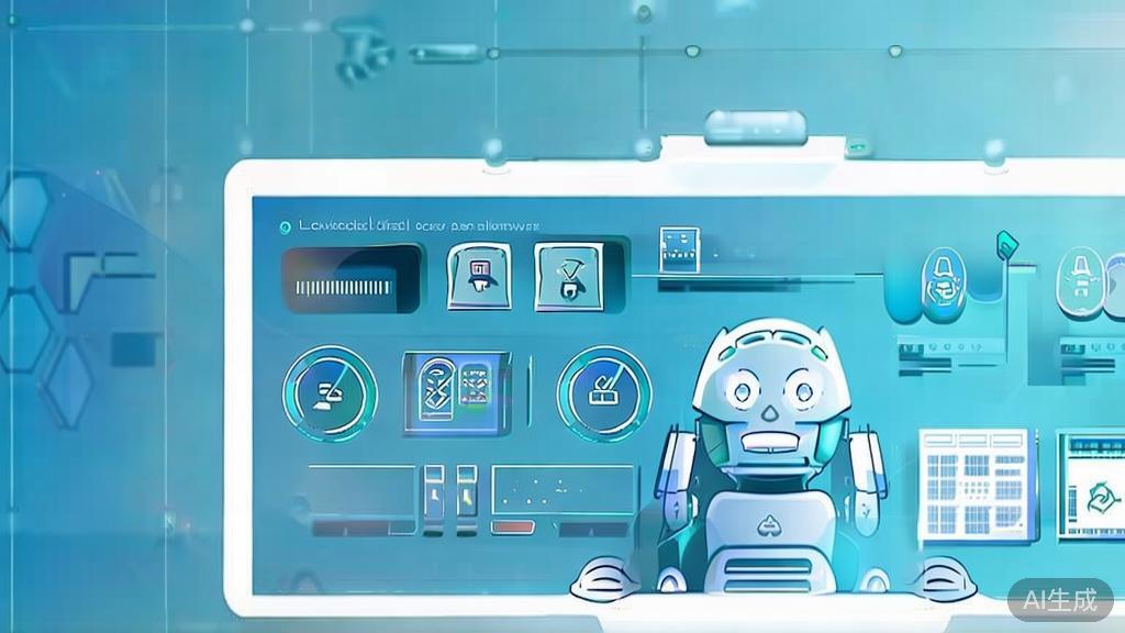 Flat vector illustration of AI assistance in software, dashboard style, soft blue gradient