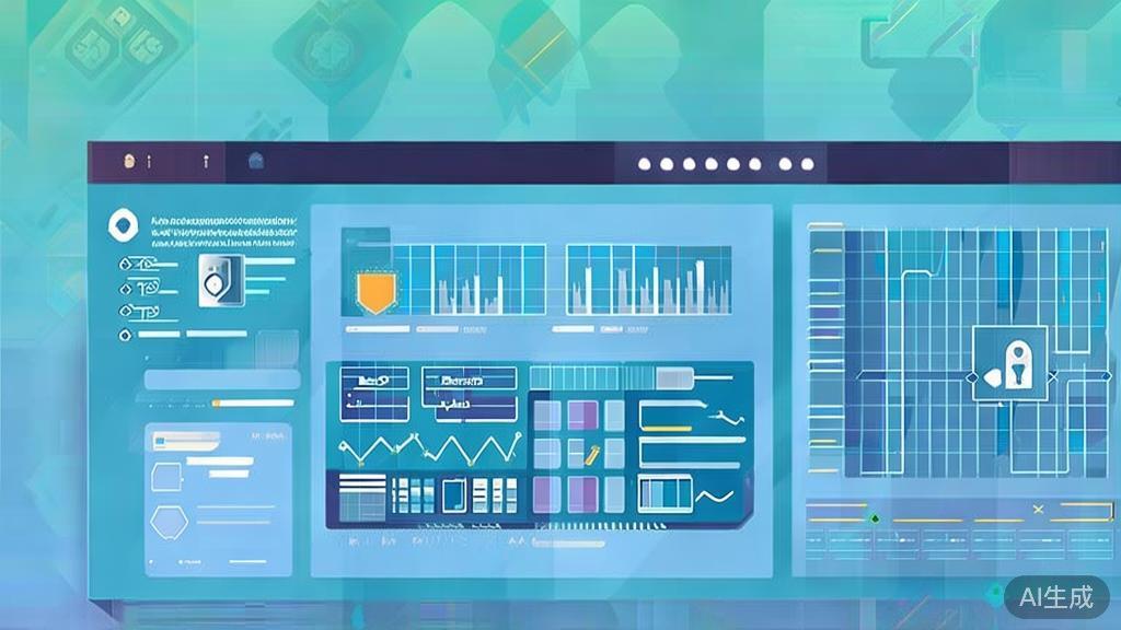 Flat vector illustration of cybersecurity measures, dashboard style, soft blue gradient