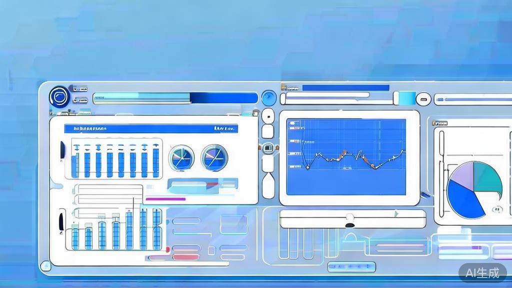 Flat vector illustration of data analysis tools in a corporate setting, dashboard style, soft blue gradient