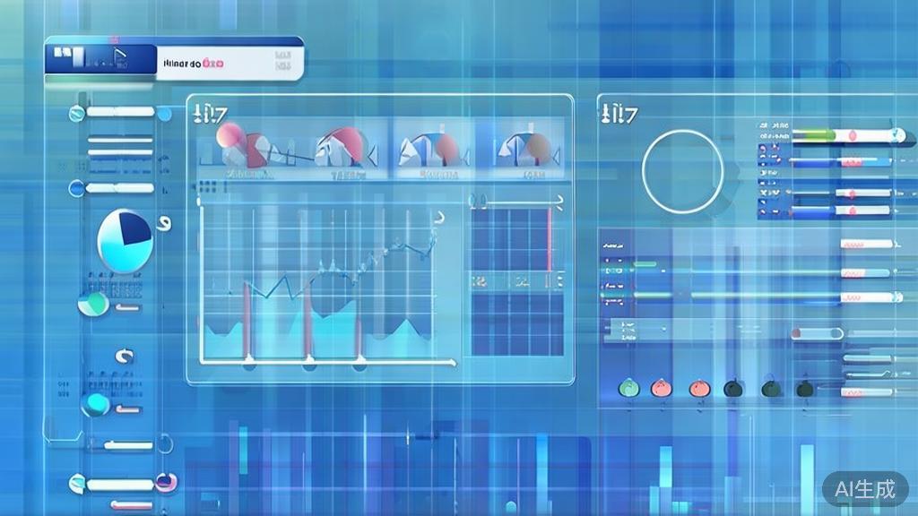 "Flat vector illustration of data analysis in finance, dashboard style, soft blue gradient"