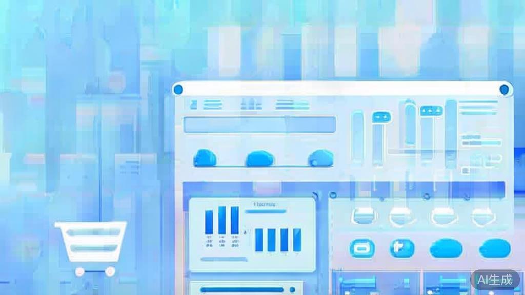 "Flat vector illustration of retail inventory management, dashboard style, soft blue gradient"