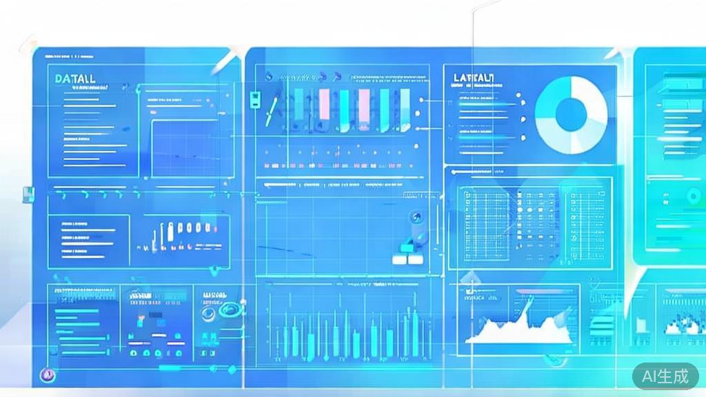 Flat vector illustration of data analysis and visualization tools, dashboard style, soft blue gradient