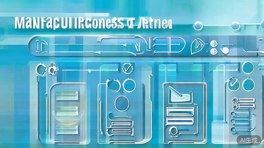 Flat vector illustration of manufacturing process improvement, dashboard style, soft blue gradient