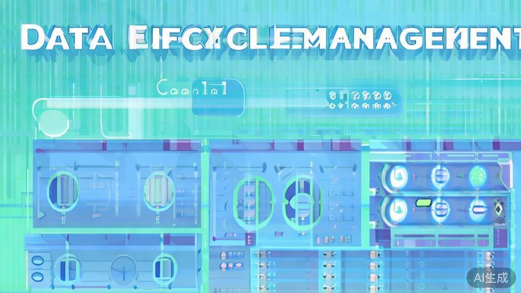 "Flat vector illustration of data lifecycle management, dashboard style, soft blue gradient"