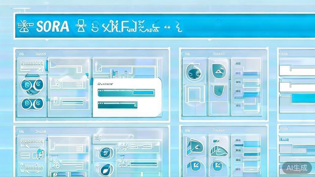Flat vector illustration of pros and cons analysis of SORA2, dashboard style, soft blue gradient
