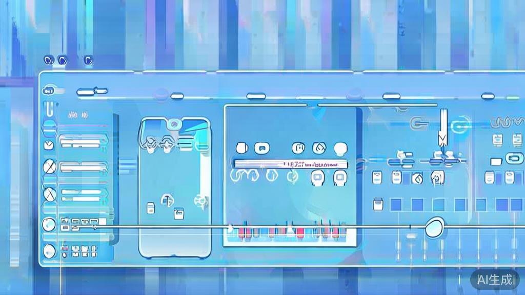 Flat vector illustration of AI video editing tools, dashboard style, soft blue gradient