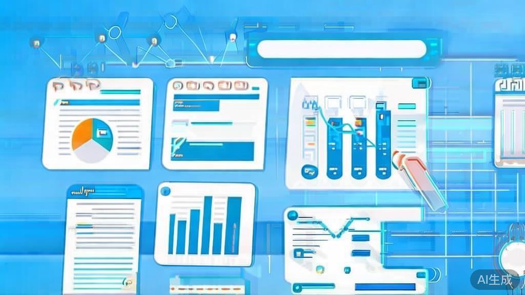 Flat vector illustration of data analysis in writing, dashboard style, soft blue gradient