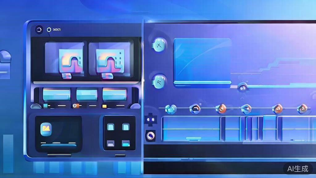 Flat vector illustration of video editing process with AI technology, dashboard style, soft blue gradient
