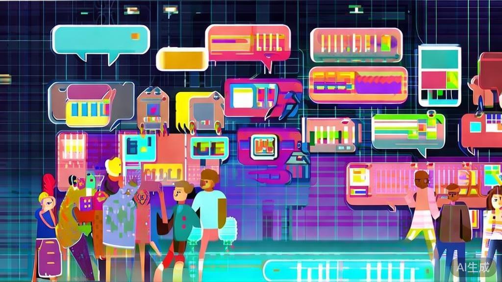 Flat vector illustration of a vibrant online art community engaging in discussions and sharing art